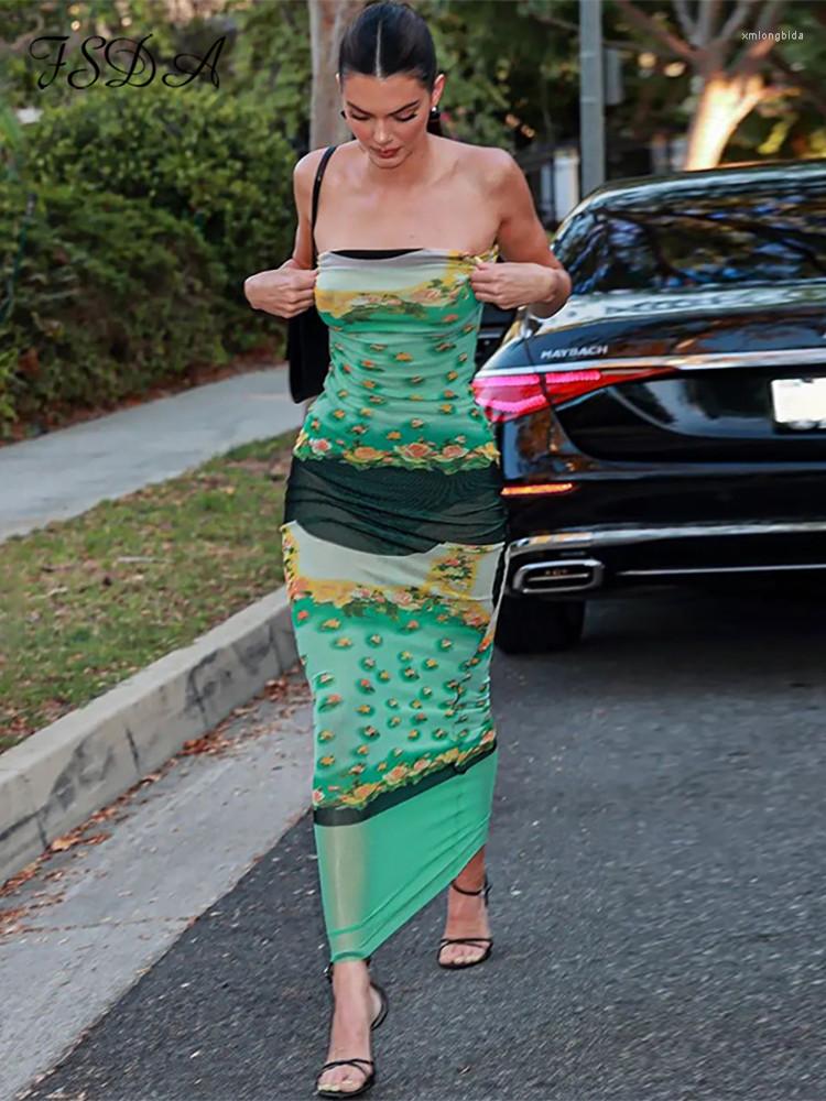 

Casual Dresses FSDA 2023 Y2K Print Mesh Strapless Bodycon Dress Women Midi Summer Backless See Through Beach Party Club Sleeveless, Green