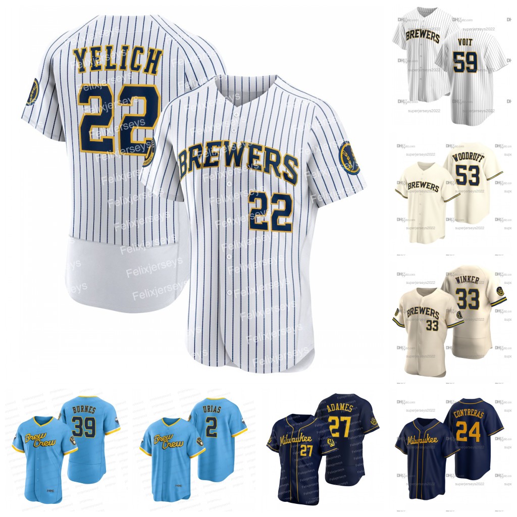

22 Christian Yelich Brewers Baseball Jersey Willy Adames Jesse Winker William Contreras Corbin Burnes Brandon Woodruff Luis Urias Luke Voit Rowdy Tellez, White 1 as pic
