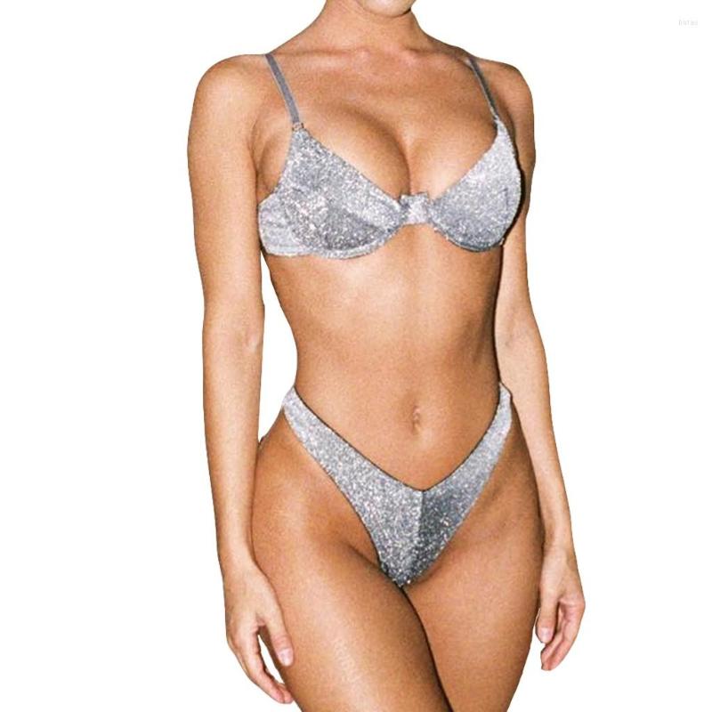 Women's Swimwear Womens Sexy Two Piece Bikini Set Metallic Glitter Reflective Swimsuit Push Up Underwire Bra Triangls Thong Bathing Suit-image-854273545