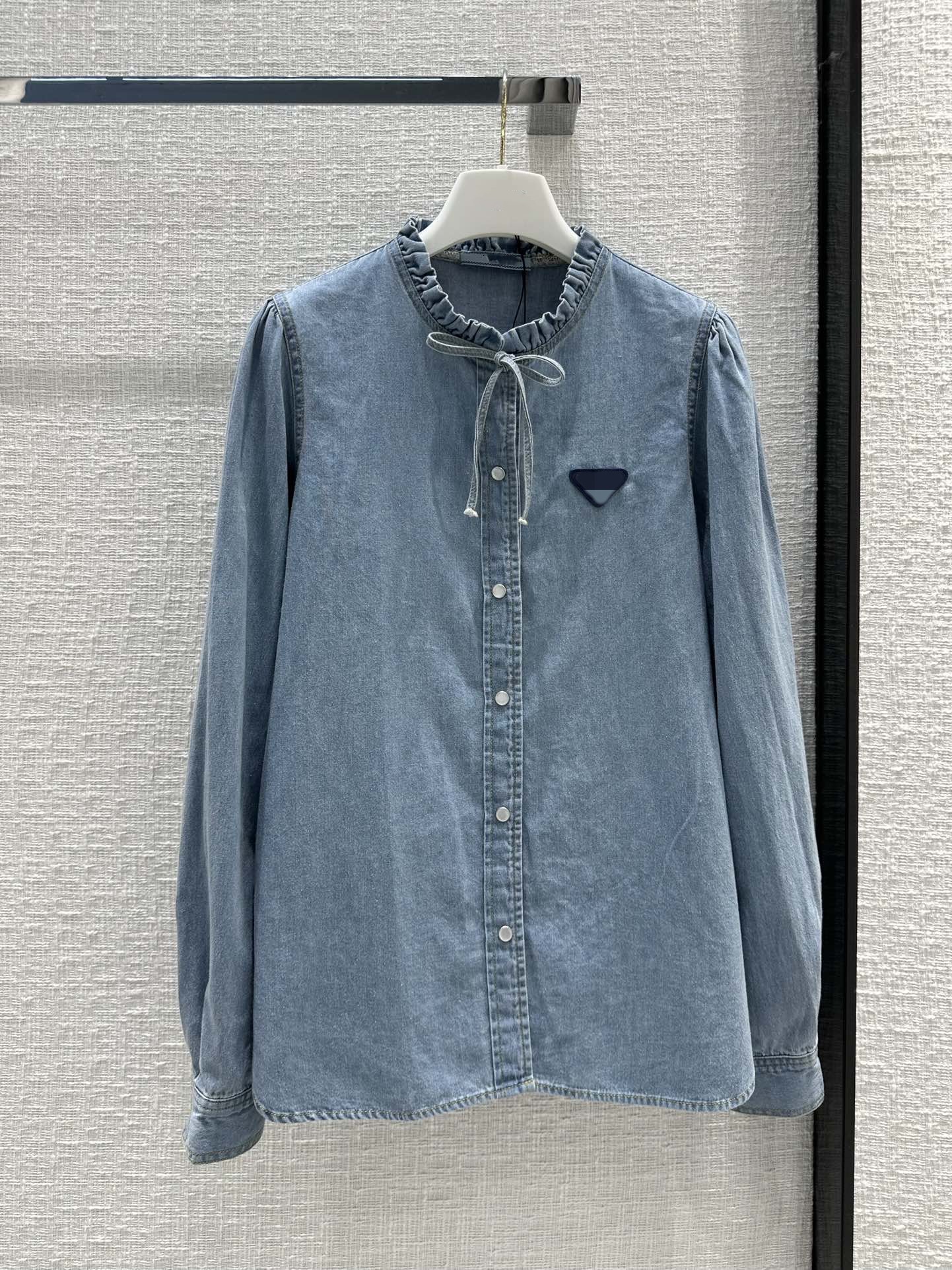 

Milan Runway 2023 New Spring Summer Ruffled Long Sleeve Designer Blouses Brand Same Style 0327-6, Blue