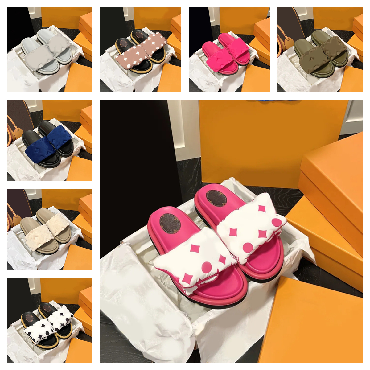 

Pool Pillow Flat Comfort Slippers Embossed Mules Designer Slides With Box Womens shoes Summer nylon Cool luxury Slipper Sandals black printed Fashion mens Slide, 13