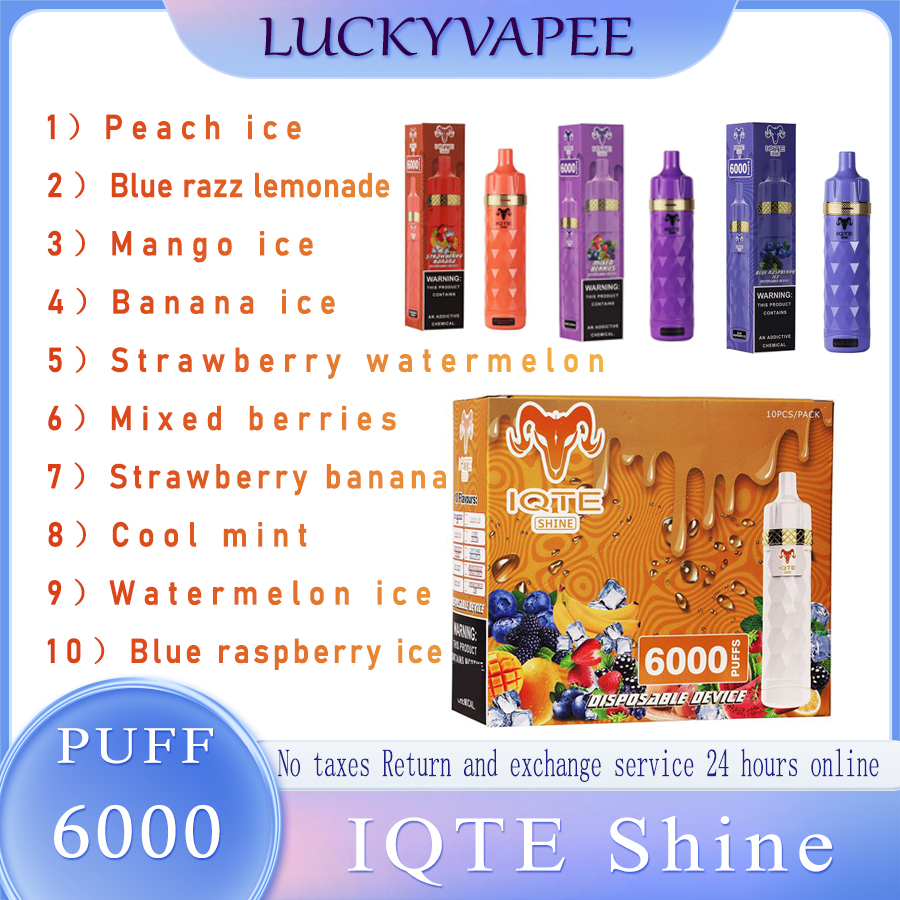 

IQTE Shine 6000 Puff Mesh Disposable E cigarettes Pre-filled 15ml Rechargeable Battery vape disposables Air Flow Adjustable Pods Device desechables Higo