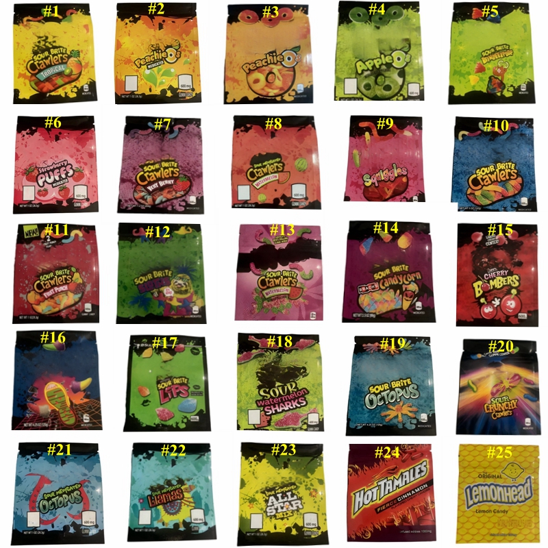 

Empty Plastic Edibles Packaging Bags 600mg Apple Rings Edible Gummies Smell proof resealable Zipper Pouch Bag 25 types Sour Brite Crawlers Candy Gummy Mylar Baggies