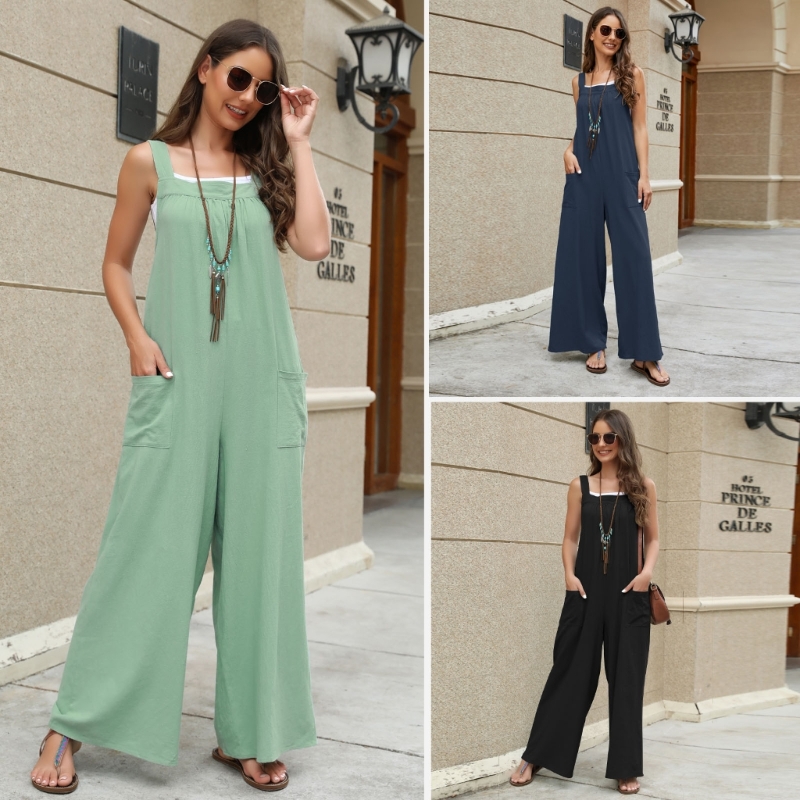

Womens Summer Casual Loose Sleeveless Jumpsuits with Pockets Long Baggy Pant Romper Solid Color Wide Leg Bib Overalls, Black