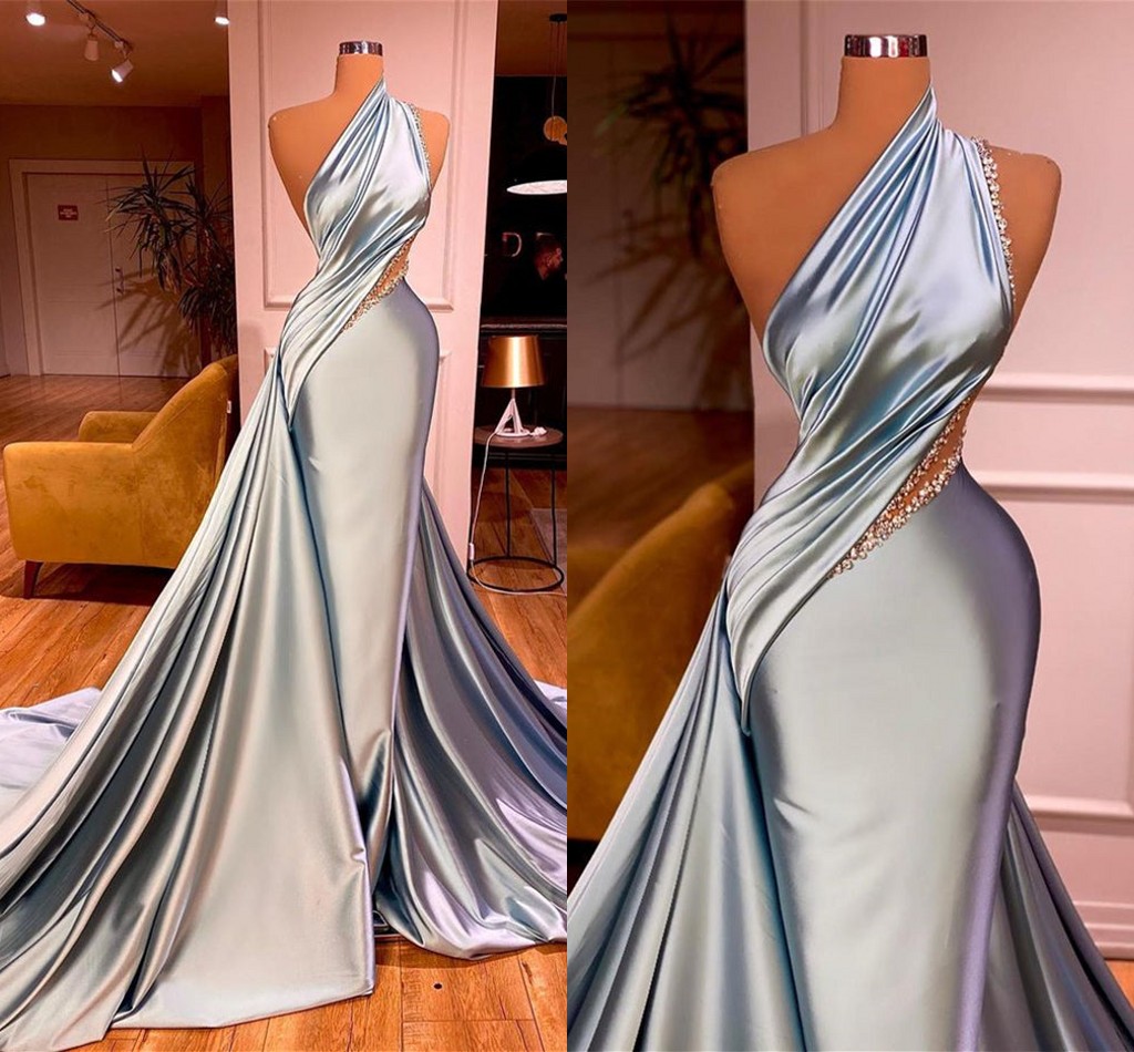 Gorgeous Evening Dresses With Pleats Ruffles Sexy One Shoulder Arabic Satin Long Occasion Celebrity Gowns Women Prom Dress BC15560