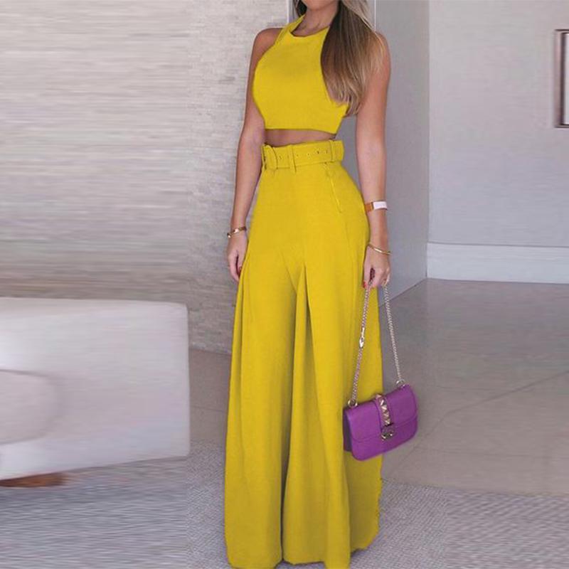 

Women' Two Piece Pants Women Suits No Belt Sleeveless Halter Cropped Tops Sashes Wide Leg High Waist Straight 2 Female Sets Summer Streetwear, Purple