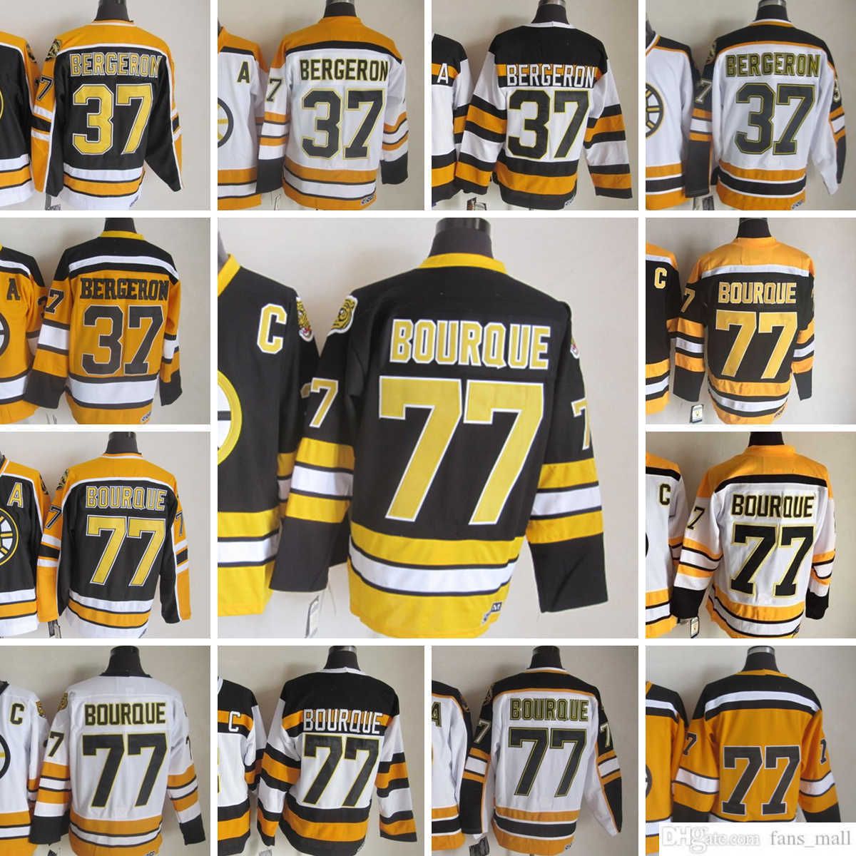 

CUSTOM Movie CCM Vintage Ice Hockey 77 Ray Bourque Jerseys Stitched 37 Patrice Bergeron Jersey Black White 75th Yellow Men Retro