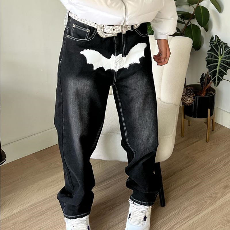 Mens Jeans goth print men jeans Harajuku vintage street hip hop black clothing loose casual straight cotton wide leg s 230327