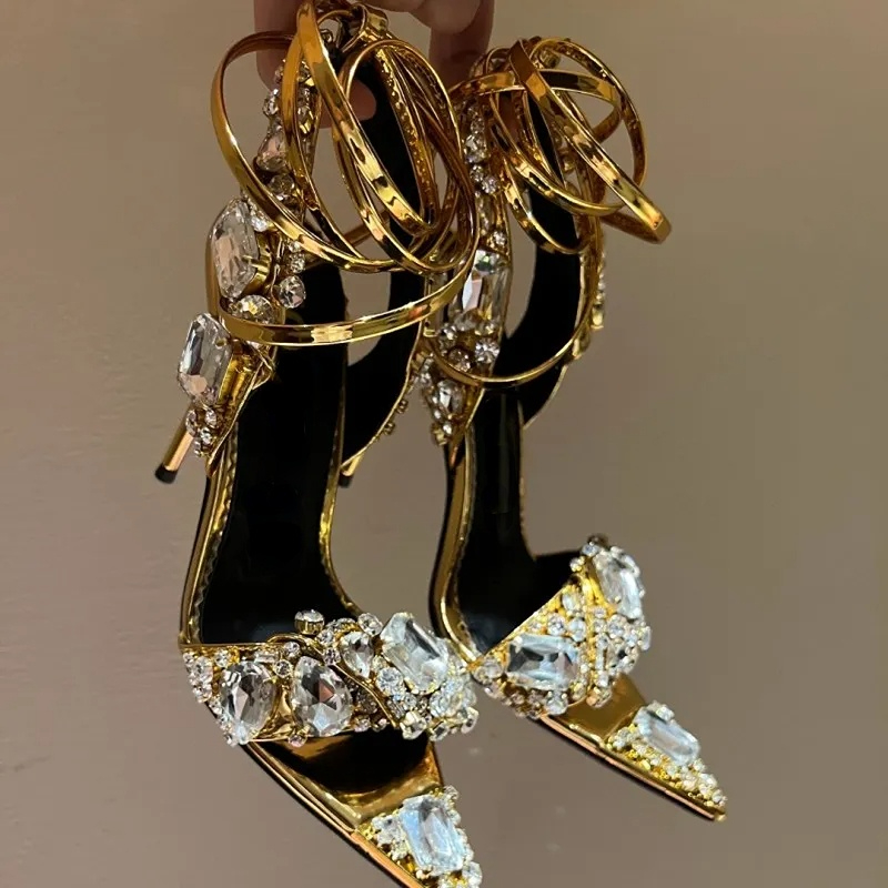 

Metallic Crystal embellished Ankle-Tie Sandals heeled stiletto Heels for women Party Evening shoes open toe Calf Mirror leather luxury designers factory footwear, As pic