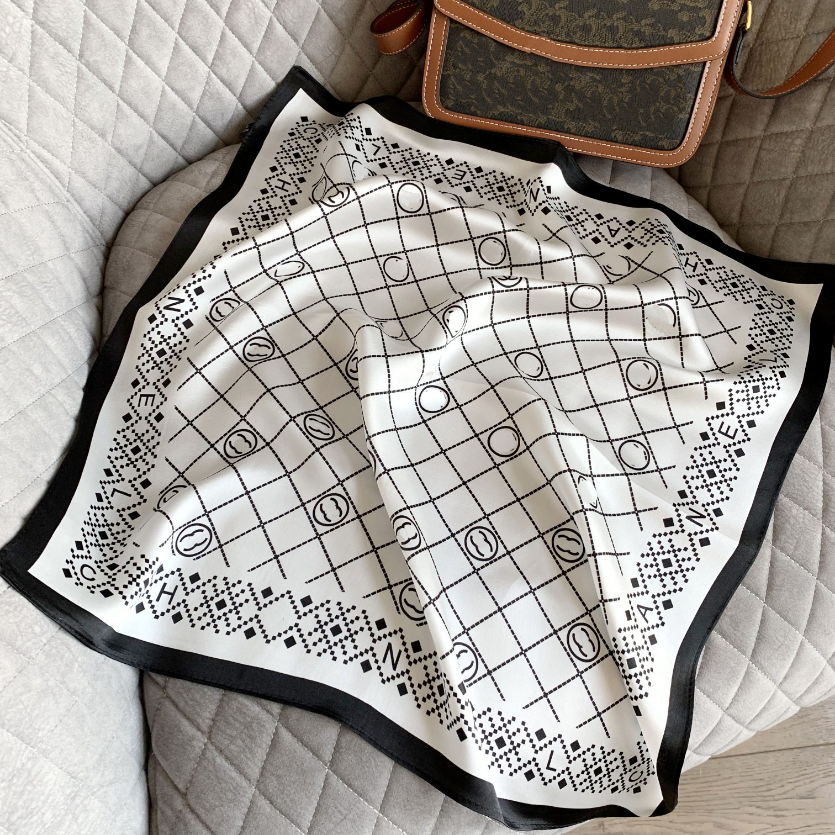 

European Brand Silk Square Scarf Simple Black White Hair Band Female Designer Scarves Popular Design Fashion Matching 100% Natural silk Spring Gift Couple Family