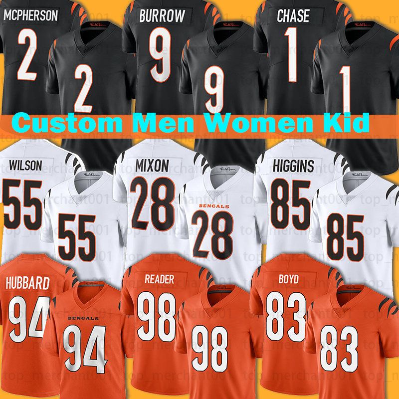 

CUSTOM 9 Joe Burrow Football Jersey 2 Evan McPherson JaMarr Chase Tee Higgins Mixon Logan Wilson Sam Hubbard Tyler Boyd Trey Hendrickson Cin