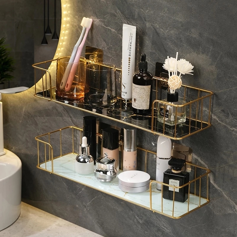 

Bathroom Shelves Luxury Shelf without drilling Iron Wall with Marble style Glass Plate Makeup Storage Rack Accessories 230327