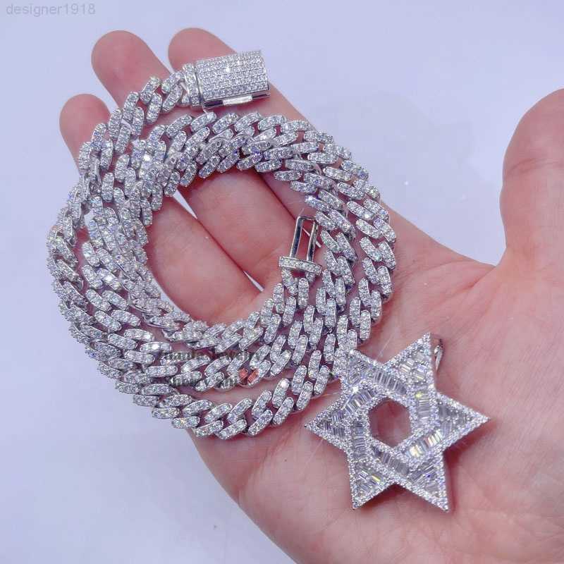

Hip Hop 8mm Moissanite Cuban Chain with Iced Out Baguette Diamond David Star Pendant
