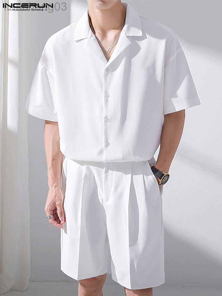 

Men's Tracksuits Summer Men Sets Solid Streetwear Lapel Short Sleeve Button Shirt Shorts Two Pieces Sets 2023 Men Casual Suits S-5XL W0328, White
