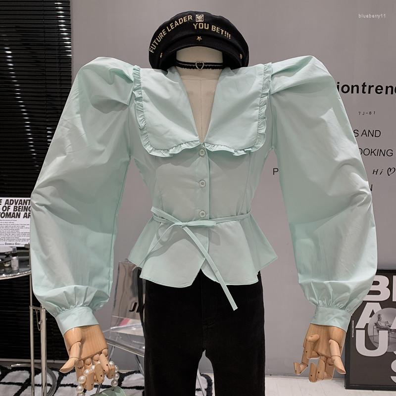 

Women's Blouses In Women's Clothing 2023 Spring Sweet Temperament Versatile Doll Collar Puff Sleeve Lace-up Shirt Top, Green