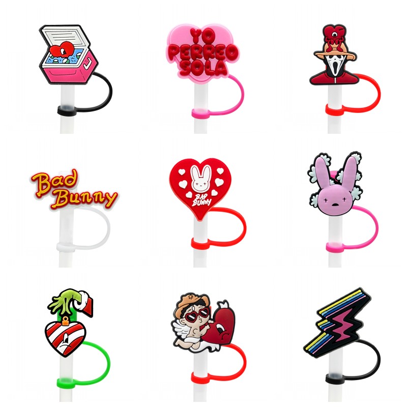 

2023 new bad bunny straw topper silicone mold accessories cover charms Reusable Splash Proof drinking dust plug decorative 8mm straw party supplies