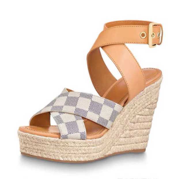 

Starboard Wedge Women Sandals Designer Since Sandal Espadrilles Leather High Heels With Adjustable Buckle Wedding Dress Lady Nonslip Shoes With Box NO378, 14