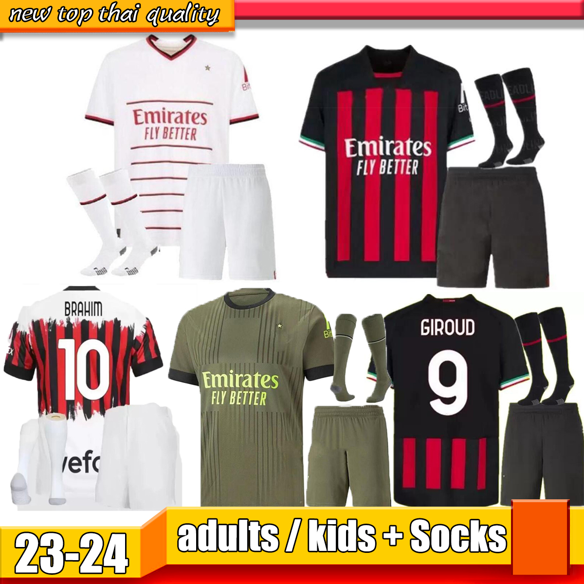 

23 24 AC MILANS TOMORI soccer jerseys adult kits LEAO IBRAHIMOVIC GIROUD football shirt 2022 2023 TONALI BENNACER REBIC HOME Jerseys de futbol Men Kids kit Socks, 03