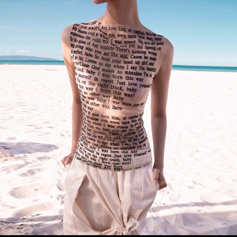 

Women' T Shirts Summer Mesh See Through Letter Print Tops For Women 2023 O Neck Sleeveless Street Bodycon Flesh Tee Female