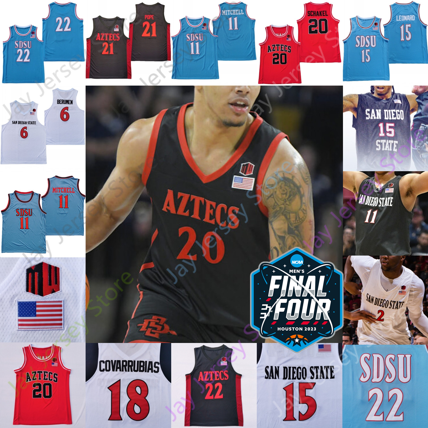 

2023 Final Four 4 Jersey San Diego State Aztecs Basketball NCAA College Matt Bradley Darrion Trammell Leonard Lamont Butler Jaedon LeDee Parrish Johnson Seiko Flynn, 2023 red