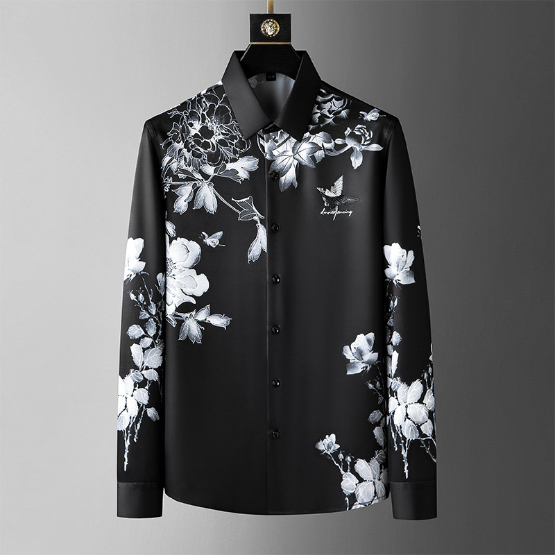 

European and American personalized flower butterfly hot drill long-sleeved shirt men's 2023 spring new trend casual print top, White