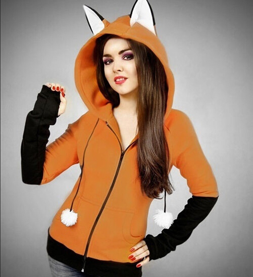

Female Autumn sweatshirt Women' Thumb Sleeve Fox Ears Patchwork Hoodies Kawaii zipper Tracksuit casual Hooded Female coat, Orange