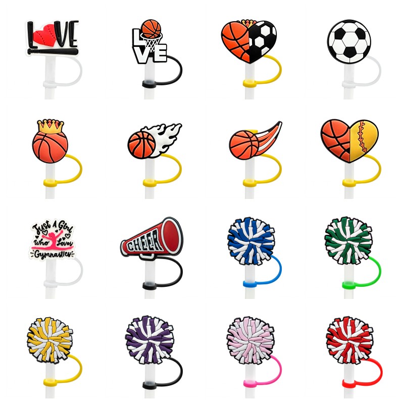 

Custom sport cheer silicone straw toppers accessories cover charms Reusable Splash Proof drinking dust plug decorative 8mm straw party supplies