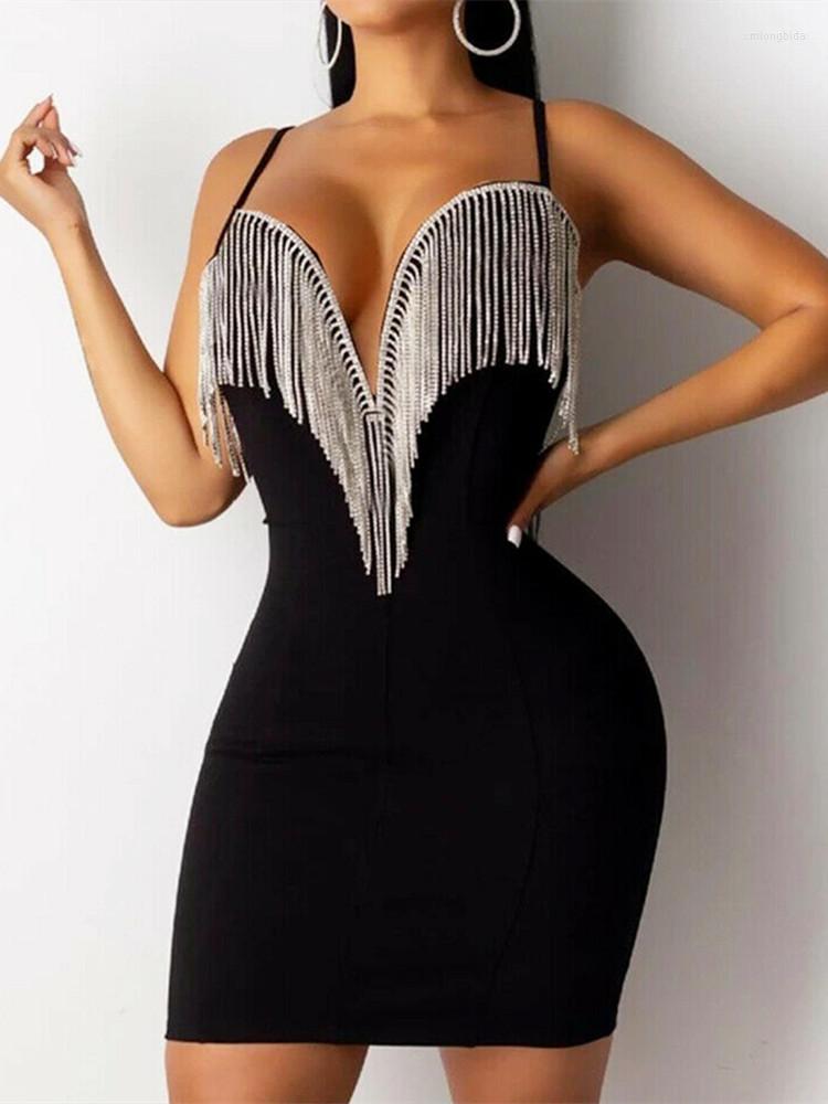 

Casual Dresses 2023 Club Sexy Dress Women Sleeveless Sequin Tassel V Neck Bodycon Summer Party Vintage, Black