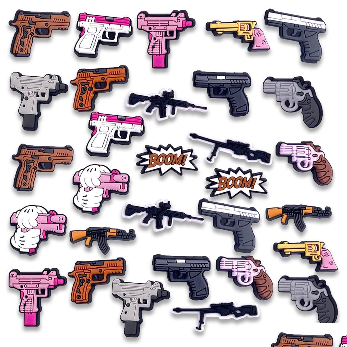 

Athletic Outdoor Shoe Parts Accessories Gun Croc Charms For Adt Pvc Charm Pack Fit Clog Sandals Wristband Bracelets Decoration Boys Dyc, See show