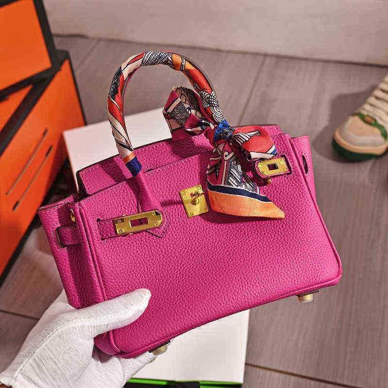

herms Designer Bags Birkins Togo Leather Handbag Upgraded Mini Platinum Bag European and American Fashion Messenger Bag Style Soft Face Small Handbag, Rose red 20cm