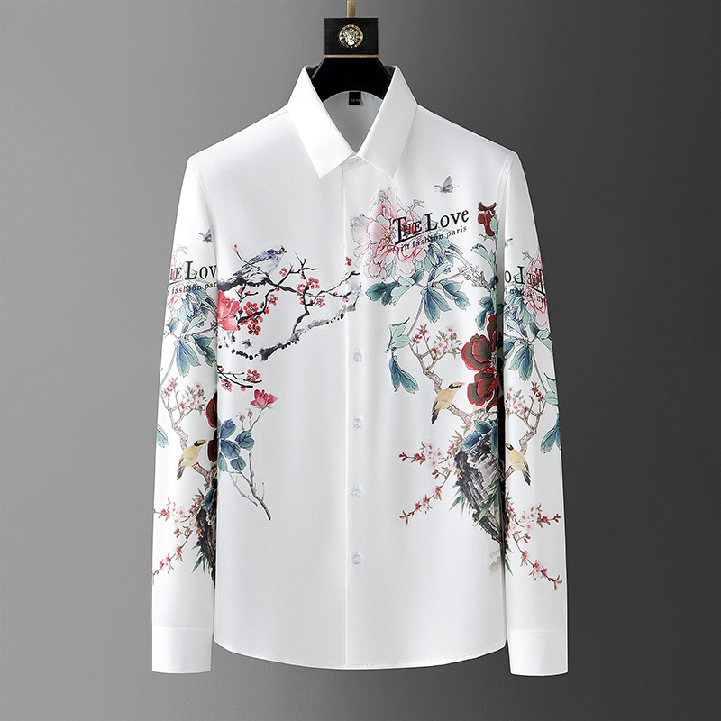 

European and American personalized flower print shirt Men's 2023 spring fashion casual wrinkle resistant long-sleeved shirt Men, Black