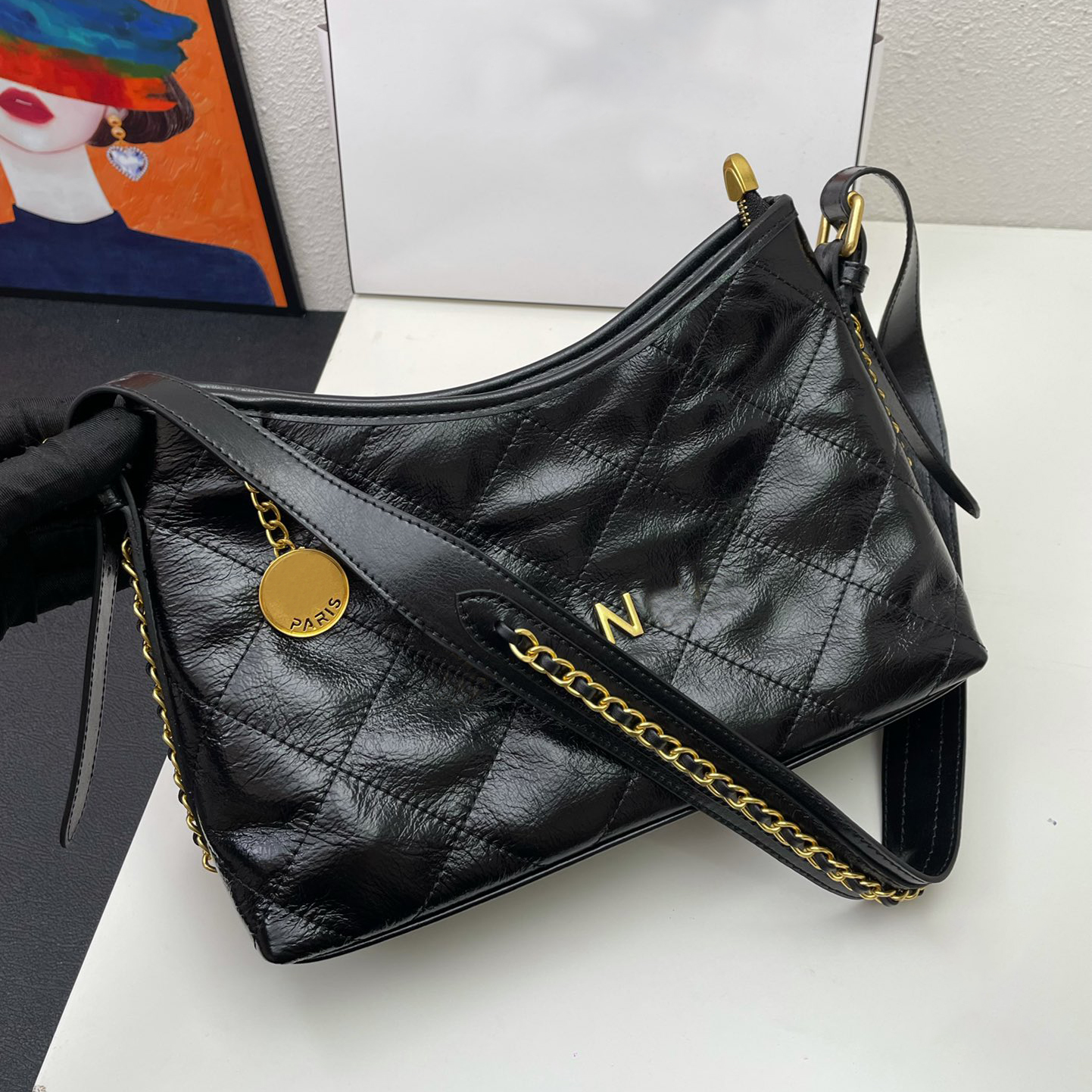 

7A Designer Bags 27cm Small Shopping Totes Waxed Cowhide Purse Black Diamond Lattice Handbags