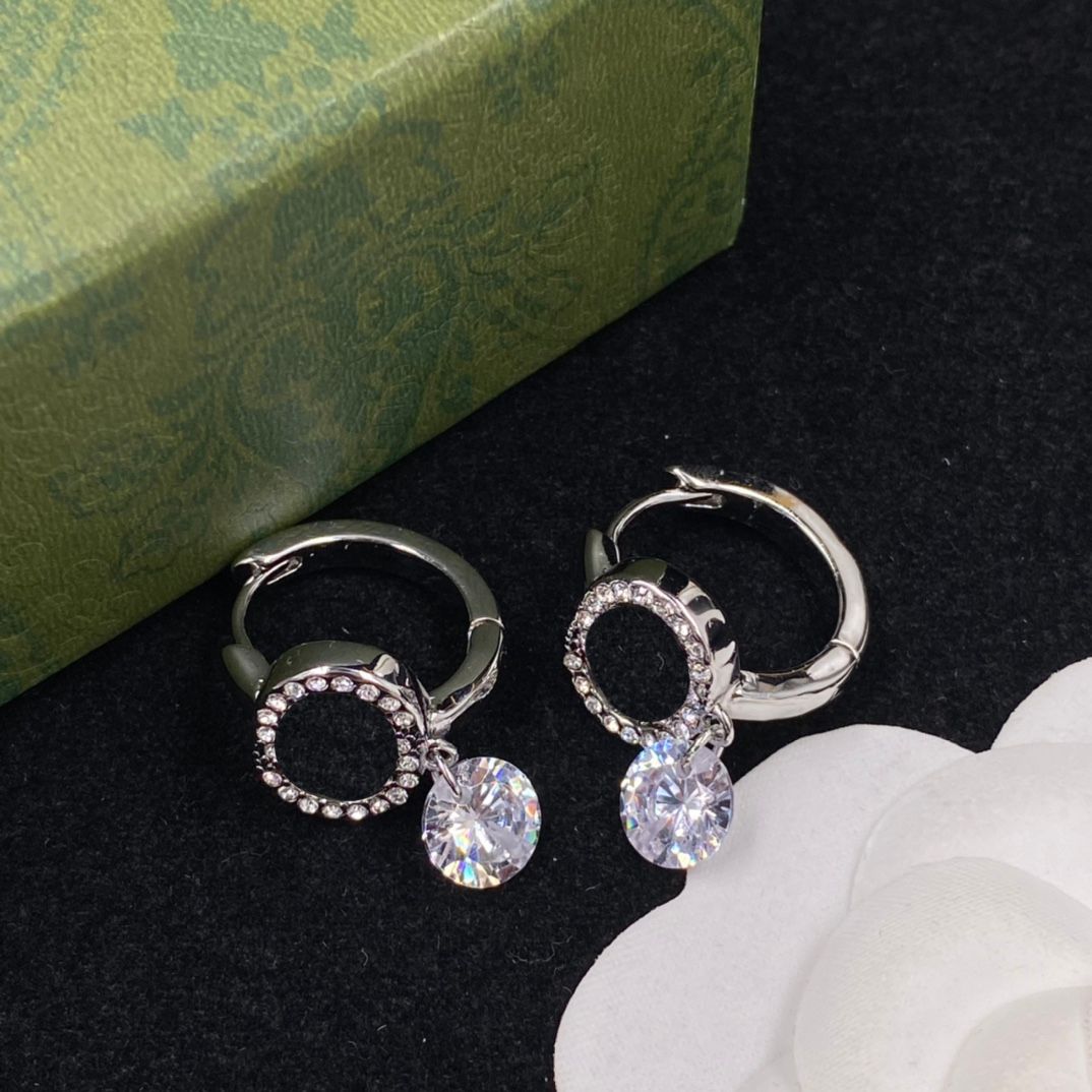 

Shiny Diamond Hoop Earrings Luxury Earrings Crystal Studs Gold Silver Ear Hoops Interlocking Letter Earring With Box Set