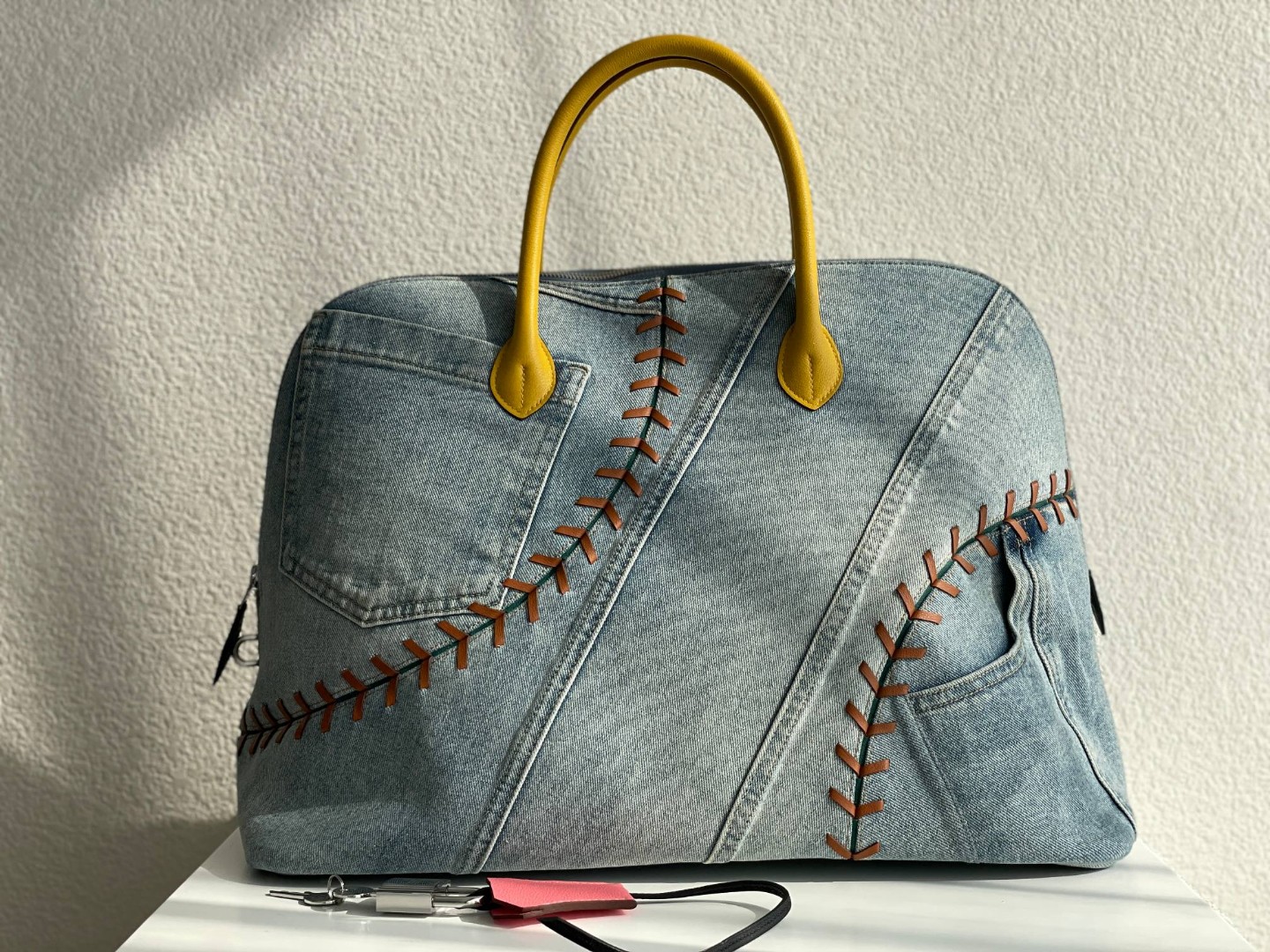 

45cm tote bag mens handbag luxury purse limited design Toppest fully handmade quality jean cloth with genuine leather wax line stitching silver hardware, Blue