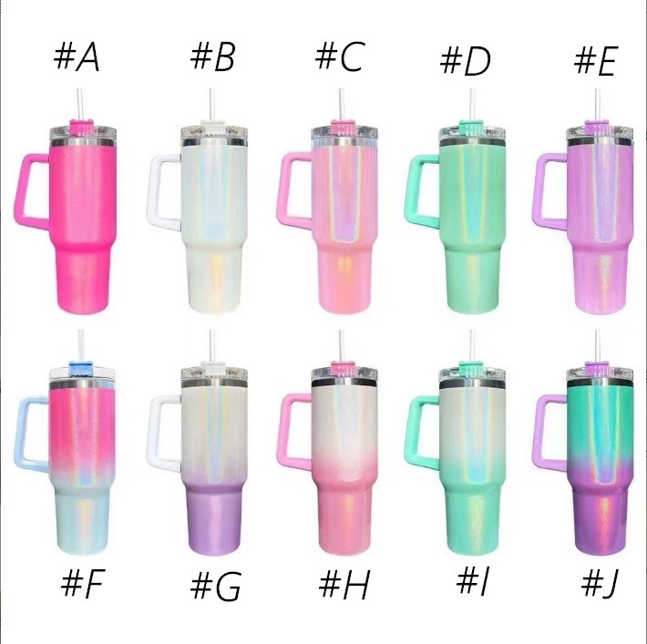 

10 Colors Stainless Steel Car Shimmer Tumblers Sublimation Glitter 40oz Travel Coffee Mugs With Colorful Removable Handles and Lids A0101, Multi-color