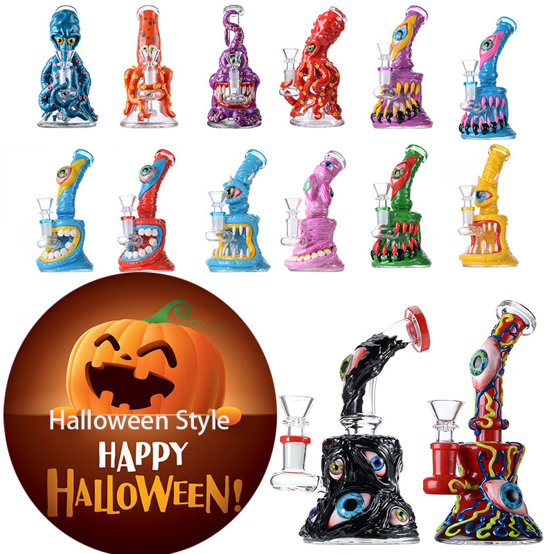 

Halloween Style Eyes Teetch Unique Glass Bongs Hookahs Water Pipes Showerhead Perc Octopus Oil Dab Rigs Beaker Bong 5mm Thick Mini Wax Rigs With Bowl