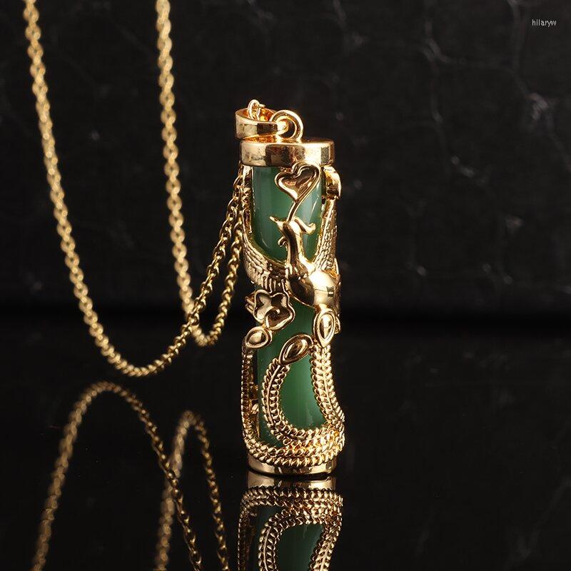 

Pendant Necklaces Fashion Vintage Design Gold Color Imitation Jade Pillar Phoenix Copper Necklace Men Women Unique Couple Banquet Jewelry