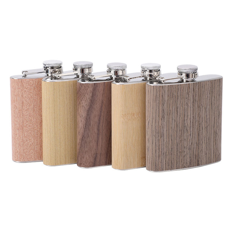 

6oz Portable Pocket Stainless Steel Hip Flask Flagon Wood Grain Pattern Whiskey Wine Pot Drinker Alcohol Bottle Travel Tour Drinkware JY1167