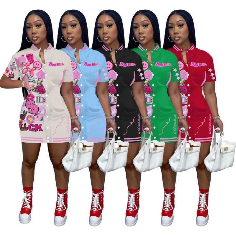 

Designer Baseball Dress Womens Casual Dresses 2023 Summer Printed Short Sleeve Button Active Skirt Sportswear Outfits, Sky blue