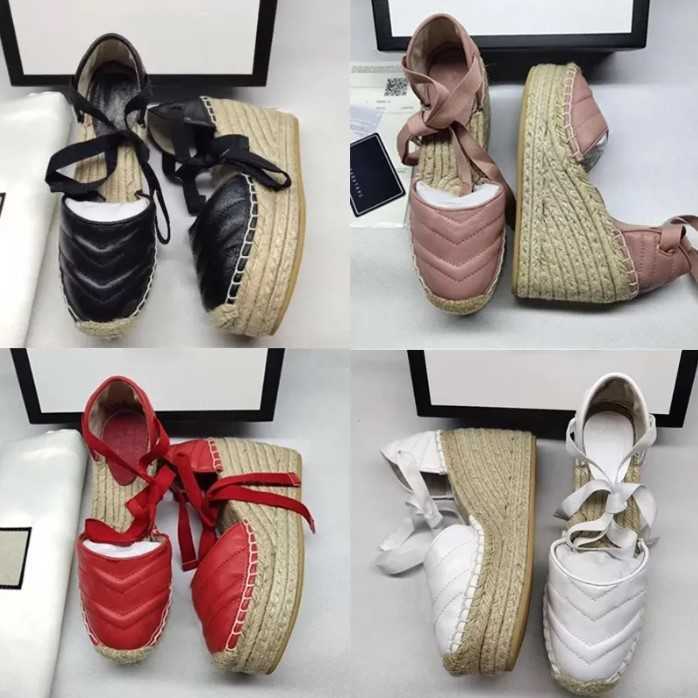 

Women Wedge Sandals platform Espadrille Shoes Fisherman Heel Heels Designer Light Weight Calfskin Shoe Twine Weave Laces-up shoes with box NO037, 17