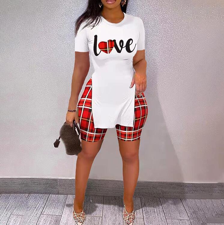 

Summer Women's Tracksuits letter print slit hem short sleeve shorts two-piece set, 11