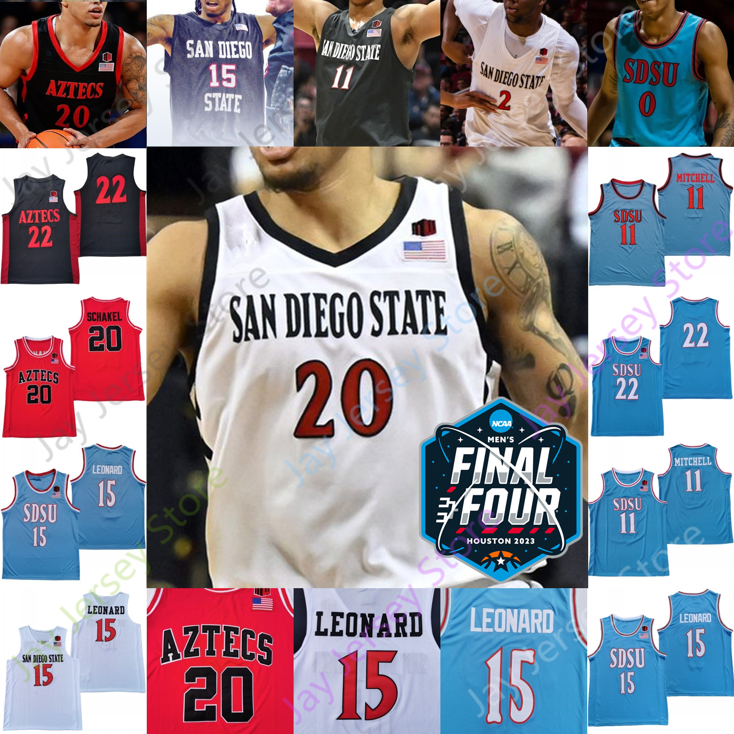

2023 Final Four 4 Jersey College San Diego State Aztecs Basketball NCAA Matt Bradley Darrion Trammell Leonard Butler Jaedon LeDee Parrish Johnson Flynn Mitchell, 2023 white