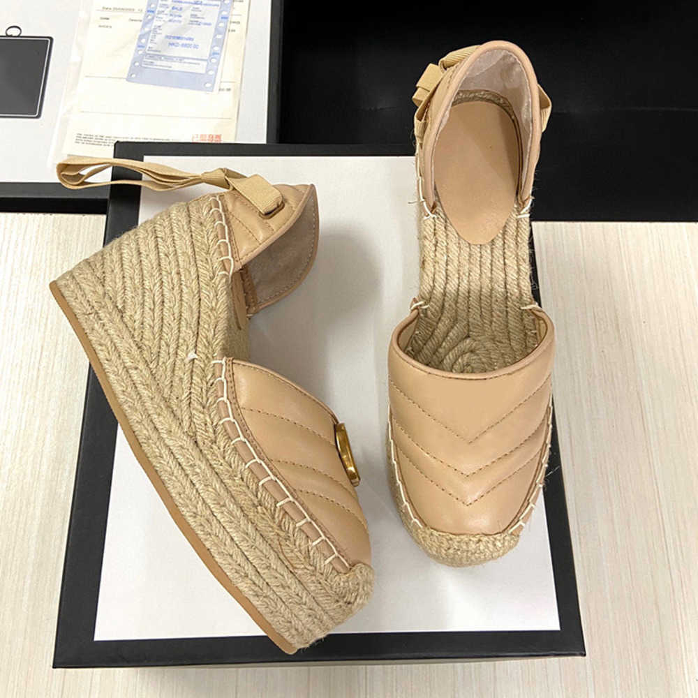 

Designer Platform Casual Sandals Ladies Fisherman Shoes Fashion Golden Summer Leather Hemp Rope Grass Lace Woven EU35-41 With Box NO037