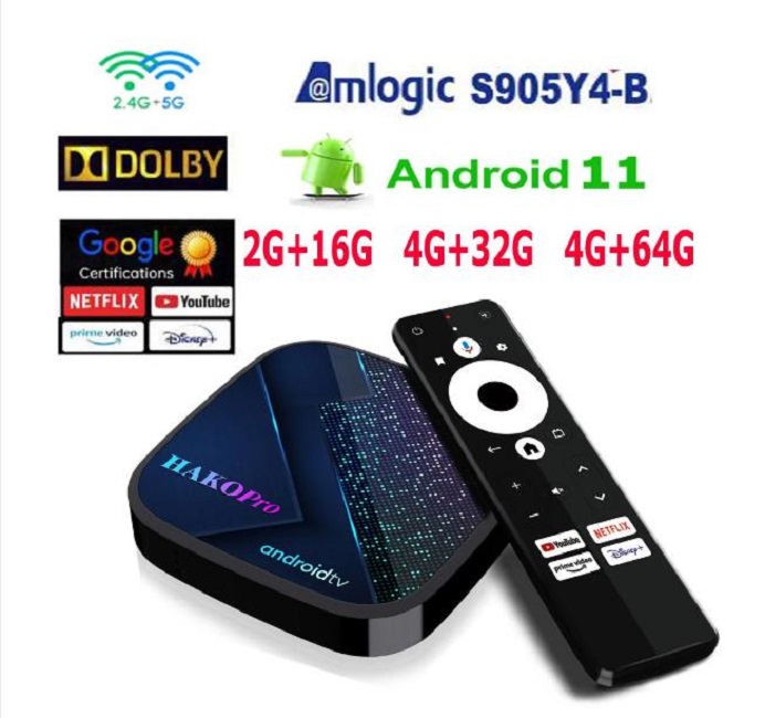 

HAKO Pro Mini Android 11 TV Box Google Certification 4K Amlogic S905Y4 DDR4 4G 32G AV1 2.4G 5G Wifi BT