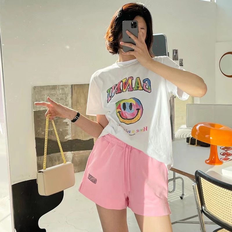 

Designer Womens T-shirt Ganni Beach tees Smiling Face Print Round Neck Short-sleeved Pullover shirts Tops Women size S-L, White