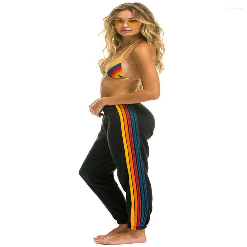 

Women's Pants Fashion Europe-USA Style Sweatpants Women Elastic Waist Rainbow Striped Slim Small Foot Sport, Black