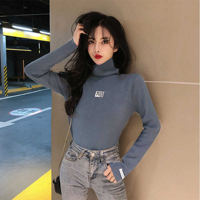 

Women's Blouses Shirts New Korean Retro Thickened High Neck Knitted Sweater Women's Bottomed Top Long Sleeve Slim Fit Shirt Pullover Wang Y2303, Black