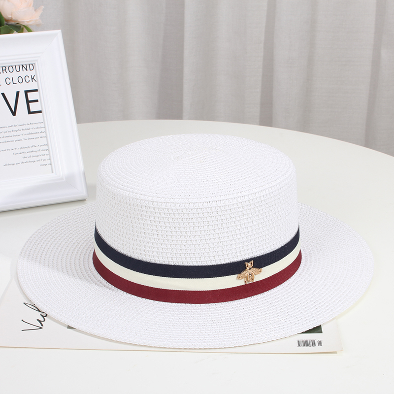 

Wide Brim Hats Summer Women Boater Beach Hat Female Casual Panama Lady Brand Classic Bee Straw Flat Sun Fedora, White