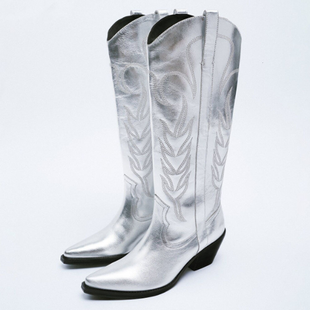 

Boots Cowboy Cowgirl Western Boots Metallic Silver Stacked Heeled Mid Calf Long Boots Shoes Casual Embroidered Autumn Winter Shoes 230327, Silver 4
