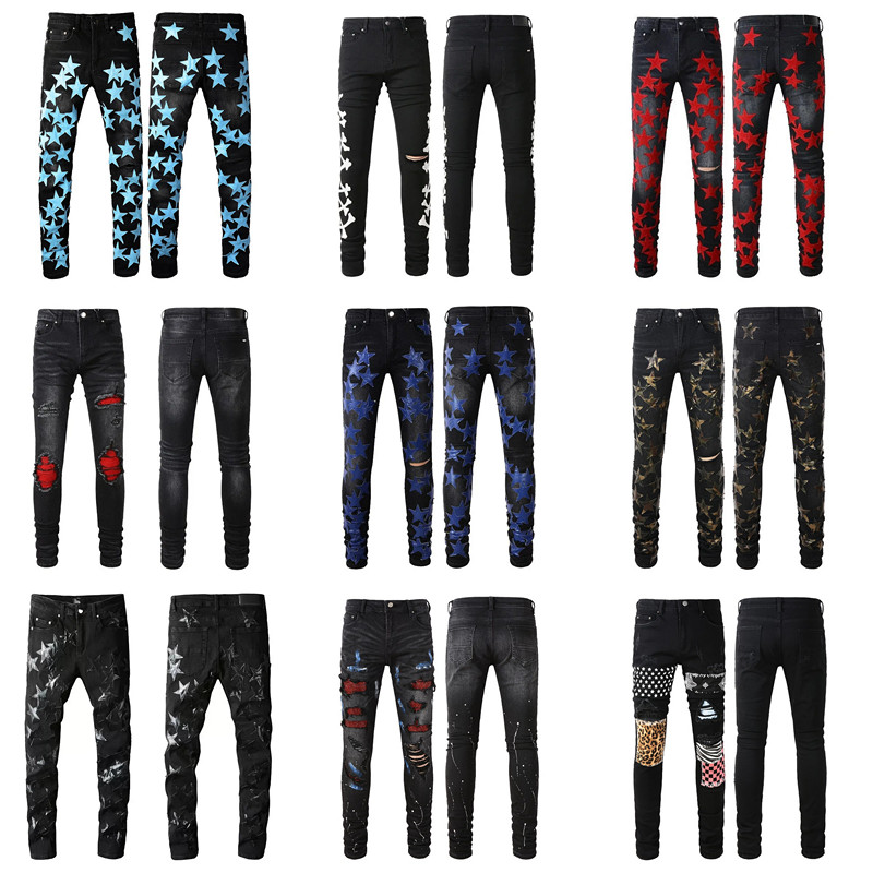 

Black Ripped Designer Jeans Skinny Mens Fit Distressed Torn For Man Rip Pants Damaged Patchwork Long Zipper Distress Destroyed Denim Youth Slim Straight Hole RWN4, 569